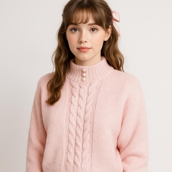 Sterling Harris Pink Cable Knit Sweater M 80s Vintage Mock Neck Pearl Button - Picture 1 of 7